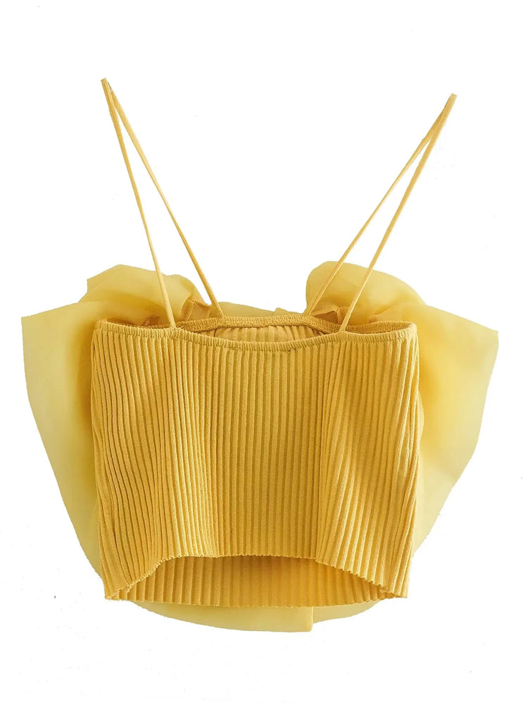 Big Flower Organza Kitted Yellow Crop Top Cami for Women