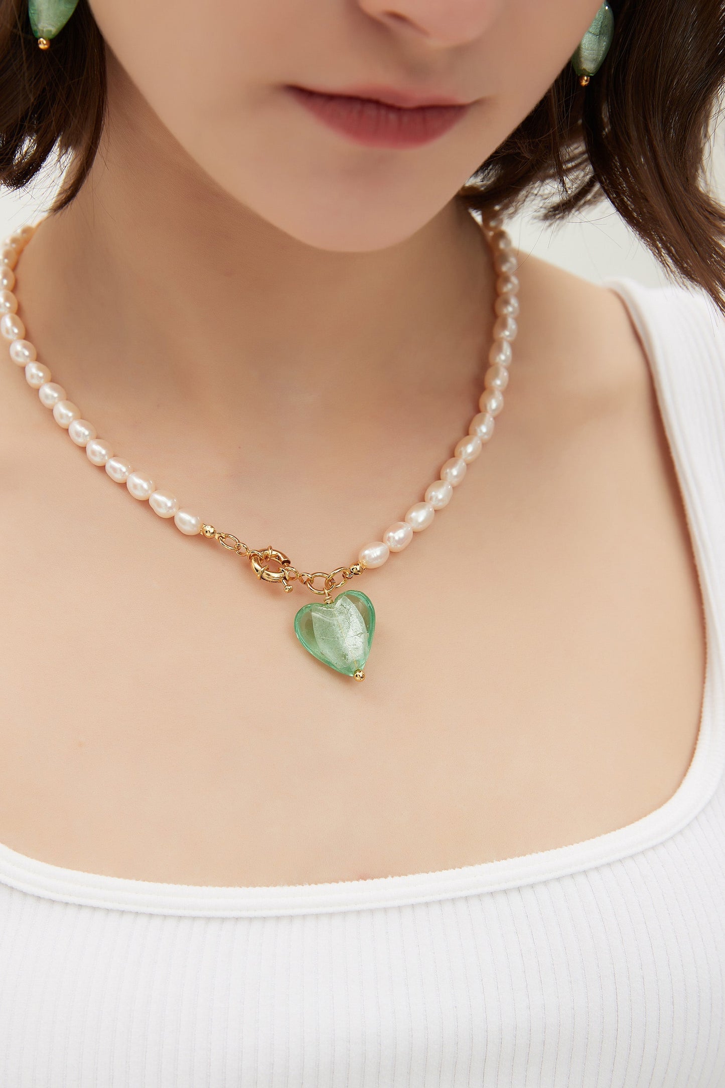 Esmée Lime Green Glaze Heart Pendant Pearl Necklace