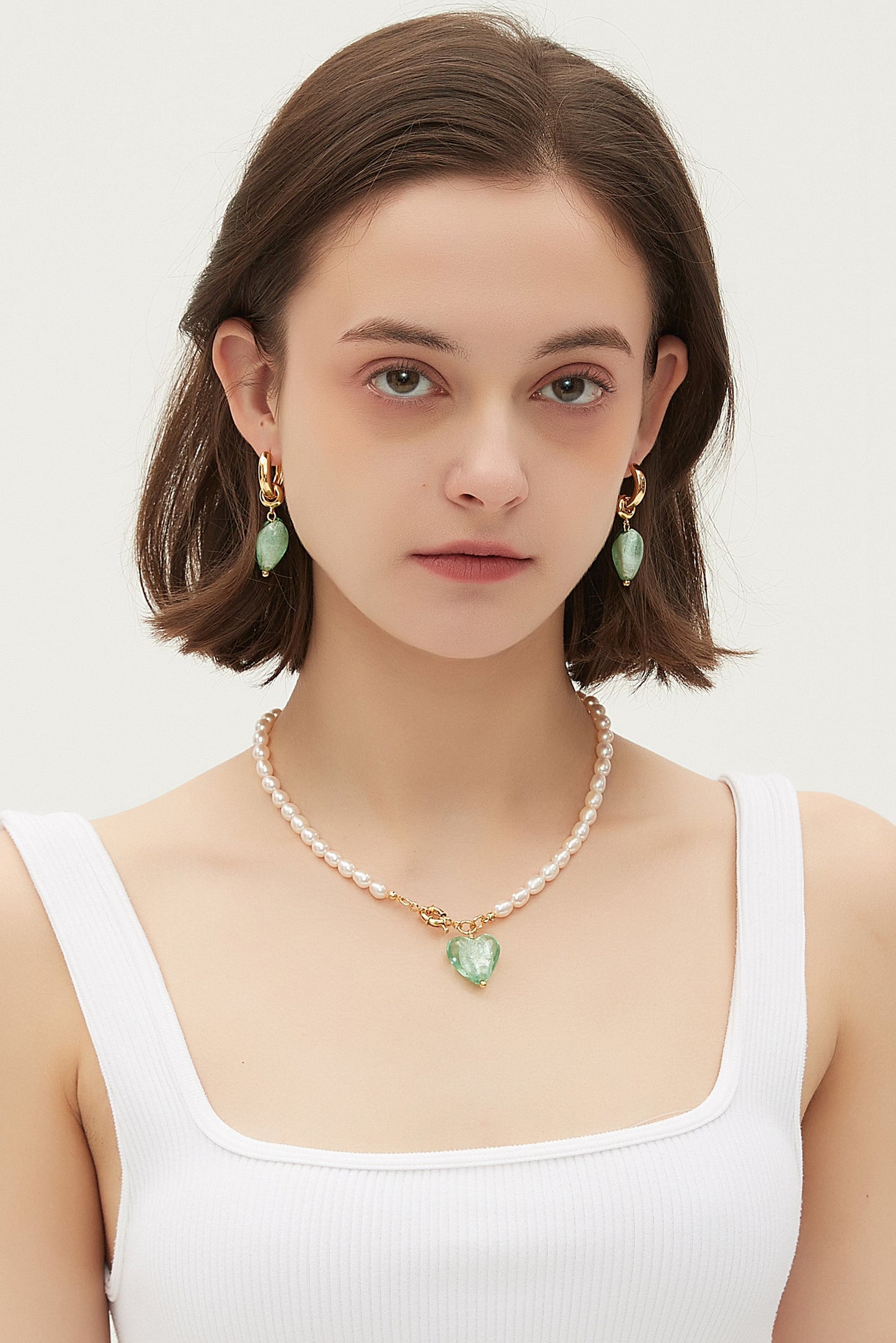 Esmée Lime Green Glaze Heart Pendant Pearl Necklace