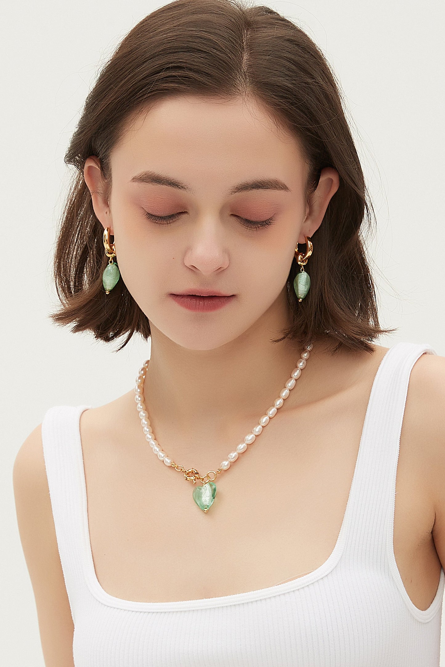 Esmée Lime Green Glaze Heart Pendant Pearl Necklace
