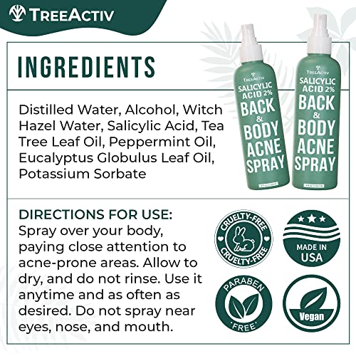 TreeActiv Salicylic Acid Back & Body Acne Spray, Back Acne Solution For Women And Men, Acne Body Spray with Tea Tree Oil, Fast-Drying Back Acne Spray, Fine Mist, Back Acne Treatment Spray, 4oz, 2-pack