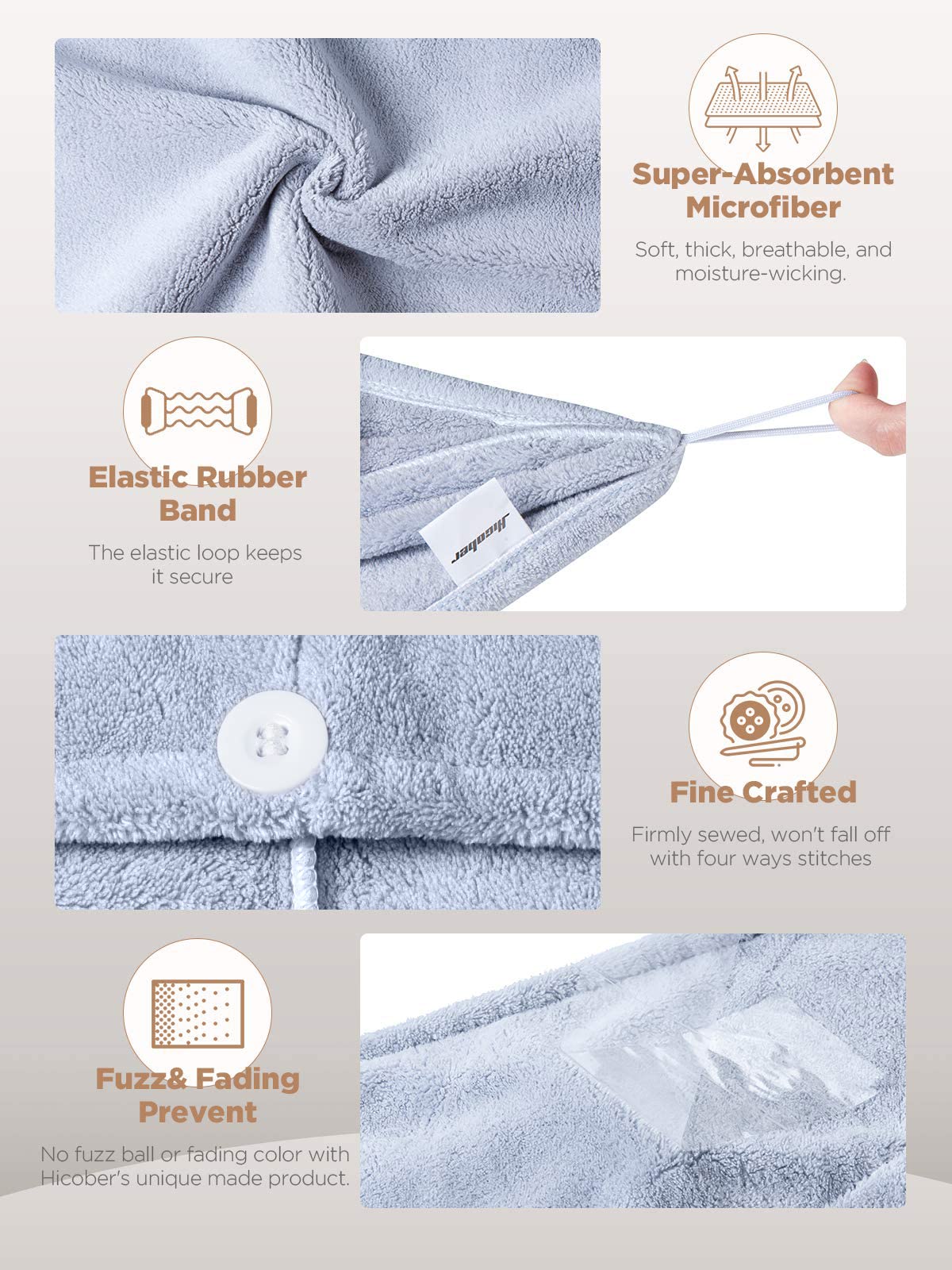 Hicober Microfiber Hair Towel, 3 Packs Hair Turbans for Wet Hair, Drying Hair Wrap Towels for Curly Hair Women Anti Frizz (Blue,Grey,Pink)