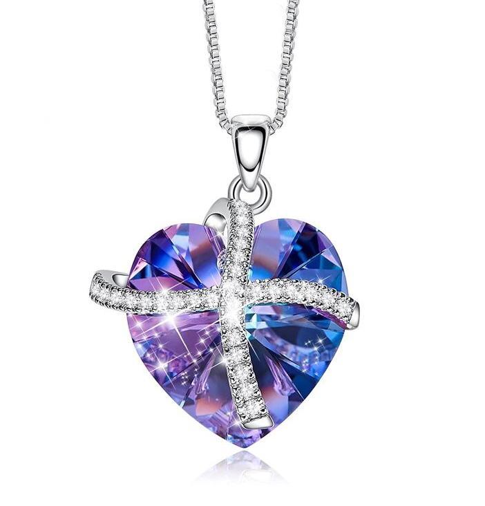Iridescent Amethyst Gemstone Purple Passion Pave Heart Ribbon Necklace