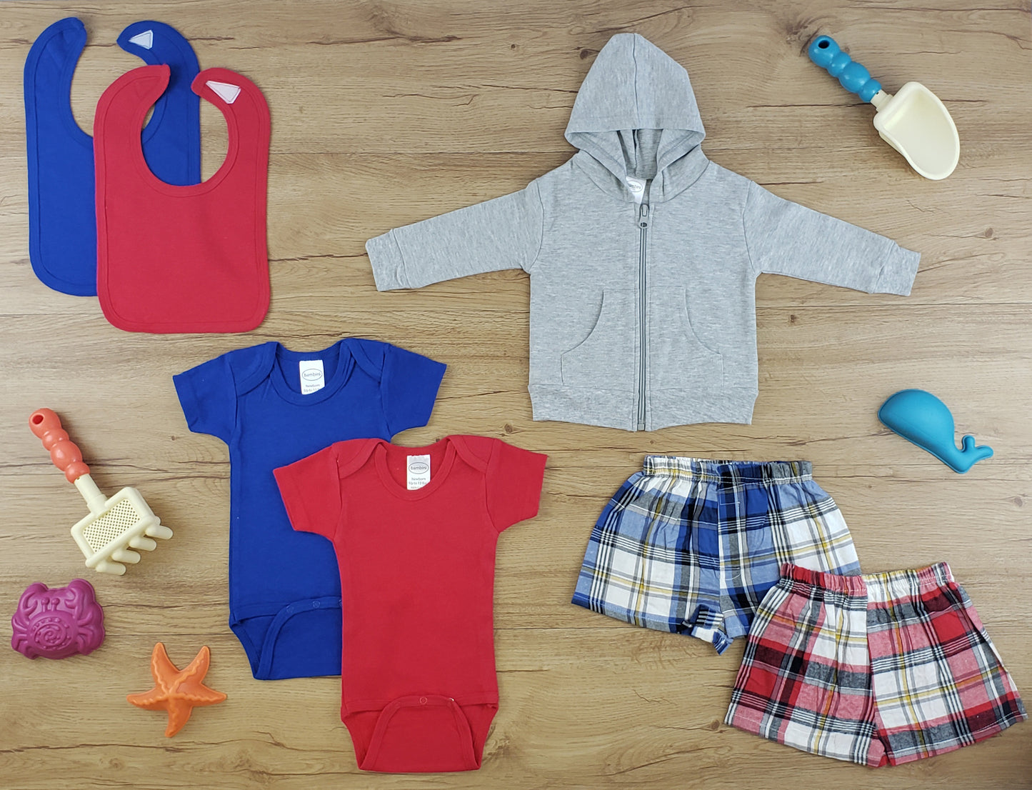 7 pc Red/Blu Plaid Shorts and Bib Set