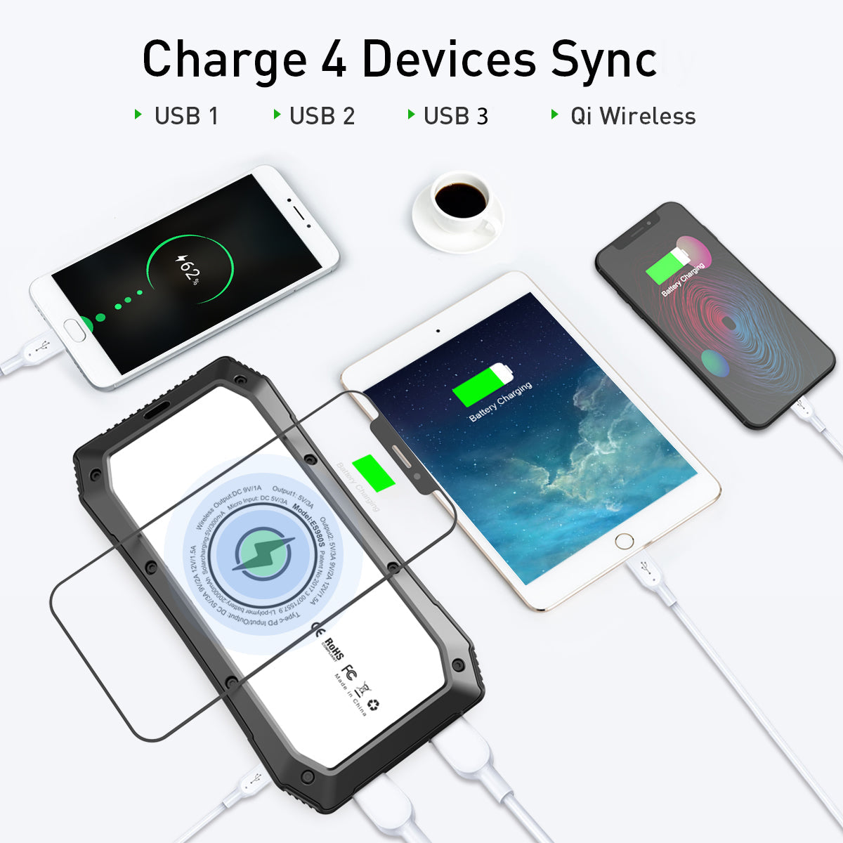Solar Powered Waterproof LED Light 3 USB Ports Multi Charger 10,000 mAh