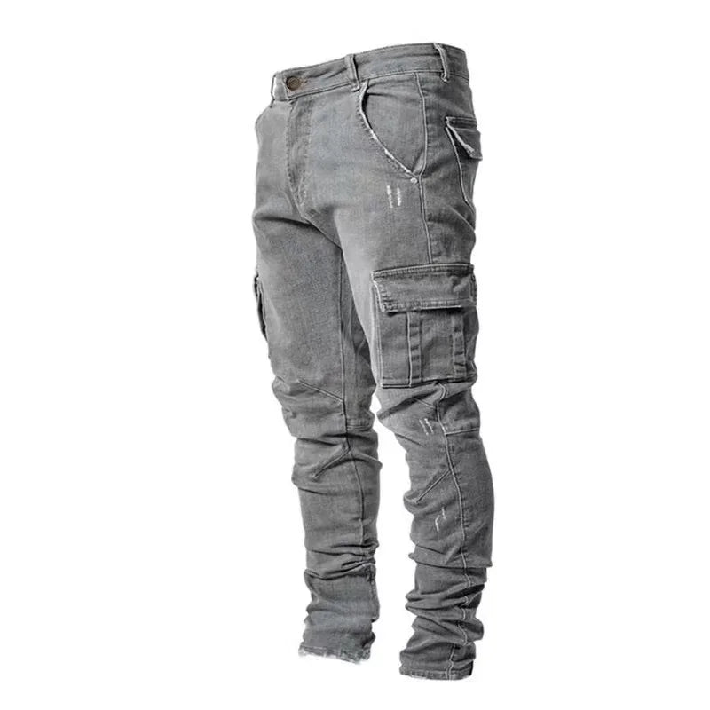 Stylish Tide Brand Men Cargo Narrow Leg Denim Pants Elastic Slim Fit Jeans Solid Color Multi Pockets