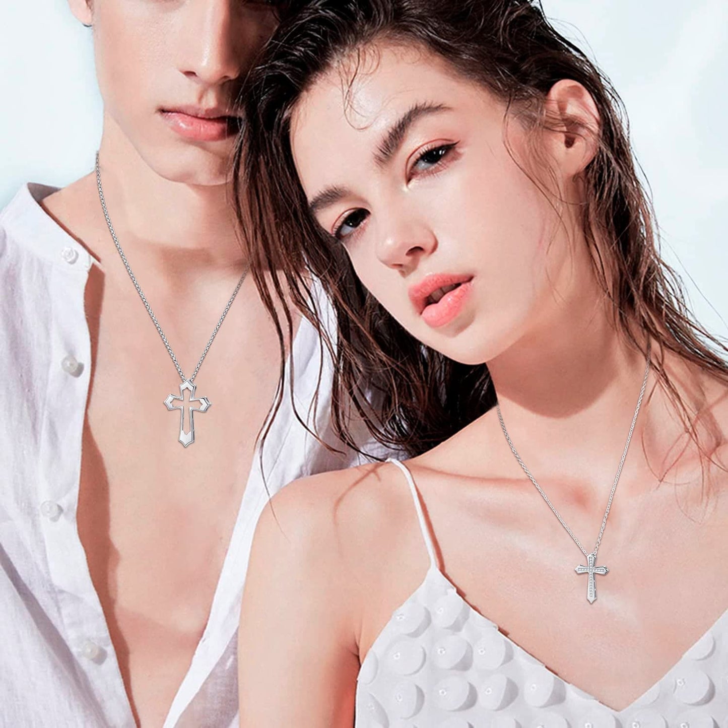 2PC Cross 925 Sterling Silver 2PC Cross Matching Pendant Necklace