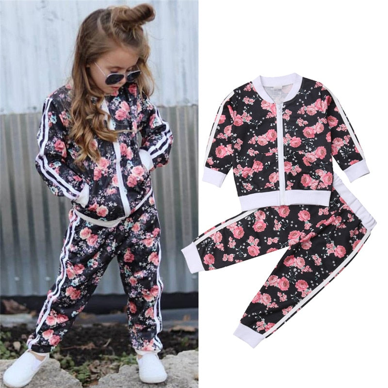 3- 7 Years Kids Baby Girl Clothes Set Floral Print Long Sleeve
