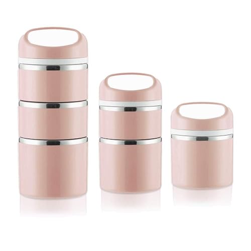 Lille Home Stackable Stainless Steel Thermal Lunch/Snack Box, 3-Tier Insulated Bento Box with Portable Cutlery Set, 43OZ, Pink
