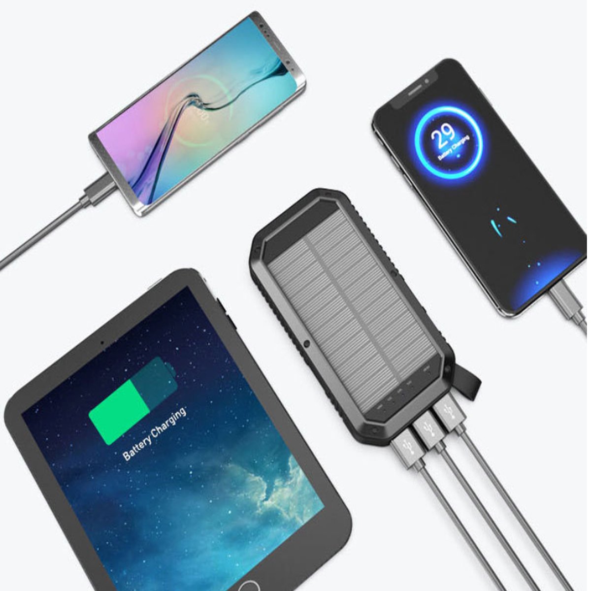 Solar Powered Waterproof LED Light 3 USB Ports Multi Charger 10,000 mAh