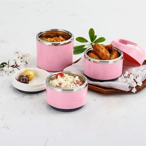 Lille Home Stackable Stainless Steel Thermal Lunch/Snack Box, 3-Tier Insulated Bento Box with Portable Cutlery Set, 43OZ, Pink