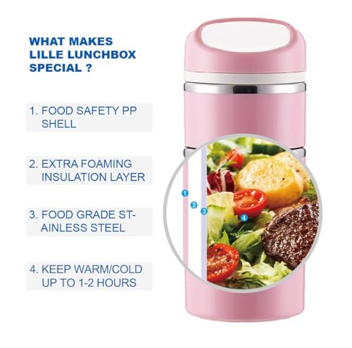 Lille Home Stackable Stainless Steel Thermal Lunch/Snack Box, 3-Tier Insulated Bento Box with Portable Cutlery Set, 43OZ, Pink