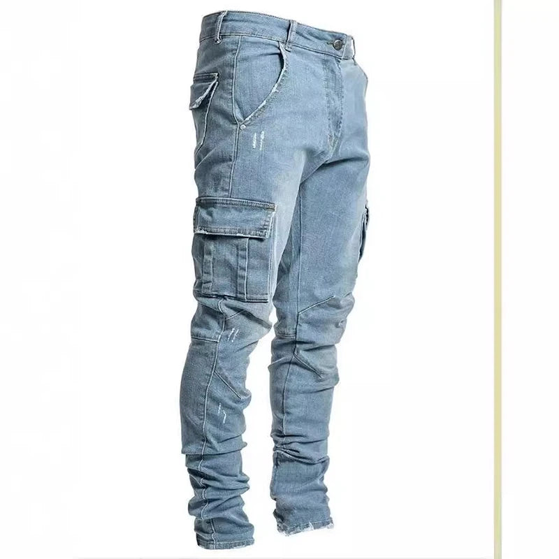 Stylish Tide Brand Men Cargo Narrow Leg Denim Pants Elastic Slim Fit Jeans Solid Color Multi Pockets