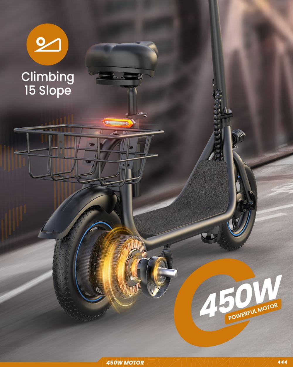 Kistp 450W Electric Scooter with Seat for Adult, 12 inch Commuter Electric Scooter with Basket - up to 21 Miles 15.5MPH