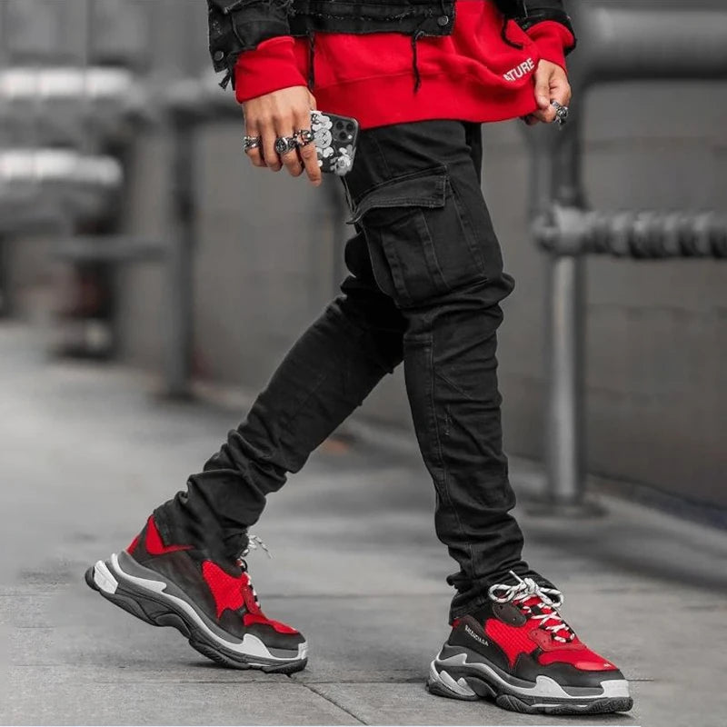 Stylish Tide Brand Men Cargo Narrow Leg Denim Pants Elastic Slim Fit Jeans Solid Color Multi Pockets