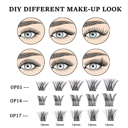 Lash Extension Kit 72 Cluster Individual Lashes Natural with Lash Bond and Seal Super Hold Eyelash Tweezers Lash Glue Remover Easy to Remove Lash Clusters Kit DIY at Home 10-16mm C/D Curl - OP01