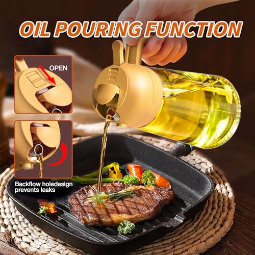 YARRAMATE Olive Oil Dispenser, 2 in 1 Oil Sprayer for Cooking, 17oz/500ml Glass Oil Spray Bottle with Pourer, Food-grade Oil Dispenser and Oil Sprayer for Kitchen, Salad, Frying, BBQ (Black)