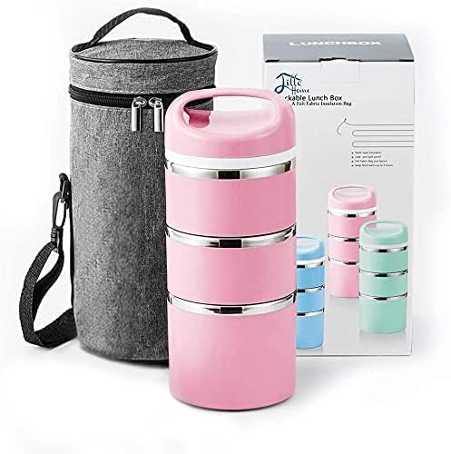 Lille Home Stackable Stainless Steel Thermal Lunch/Snack Box, 3-Tier Insulated Bento Box with Portable Cutlery Set, 43OZ, Pink