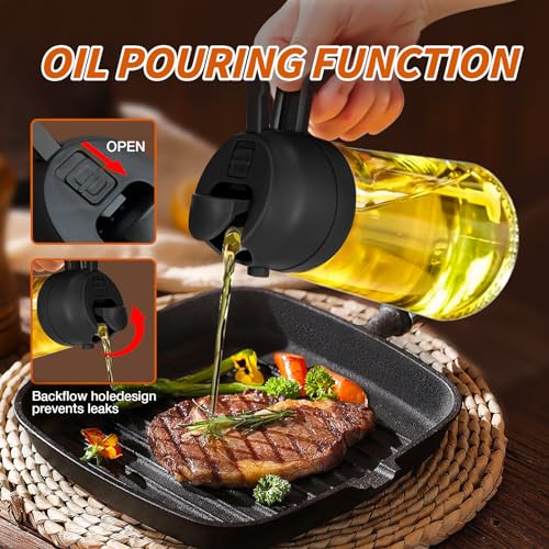 YARRAMATE Olive Oil Dispenser, 2 in 1 Oil Sprayer for Cooking, 17oz/500ml Glass Oil Spray Bottle with Pourer, Food-grade Oil Dispenser and Oil Sprayer for Kitchen, Salad, Frying, BBQ (Black)