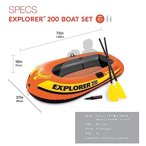 INTEX 58330EP Explorer 200 Inflatable Boat: 2-Person – Dual Air Chambers – Welded Oar Locks – Grab Rope – 210lb Weight Capacity