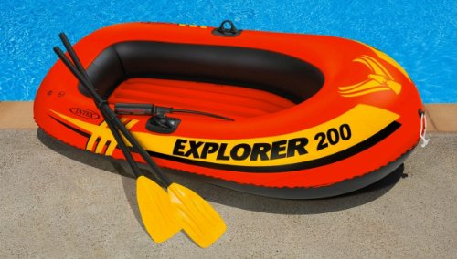 INTEX 58330EP Explorer 200 Inflatable Boat: 2-Person – Dual Air Chambers – Welded Oar Locks – Grab Rope – 210lb Weight Capacity