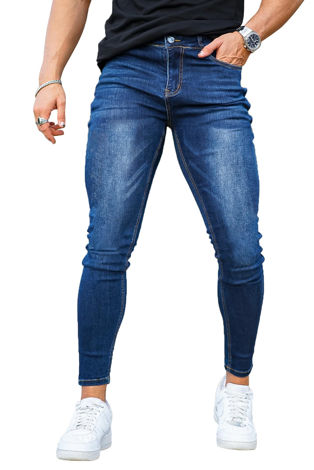 GINGTTO Men's Skinny Stretch Jeans Slim Fit (32, Black)