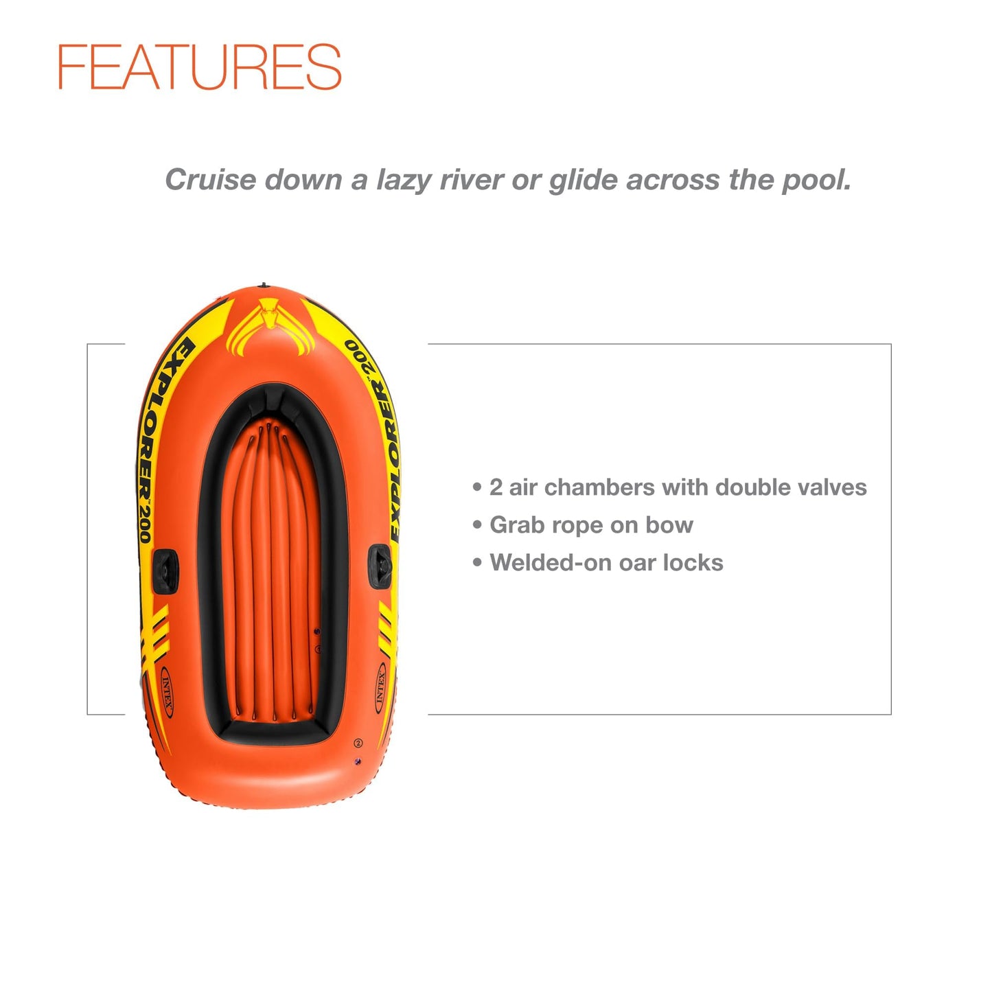 INTEX 58330EP Explorer 200 Inflatable Boat: 2-Person – Dual Air Chambers – Welded Oar Locks – Grab Rope – 210lb Weight Capacity
