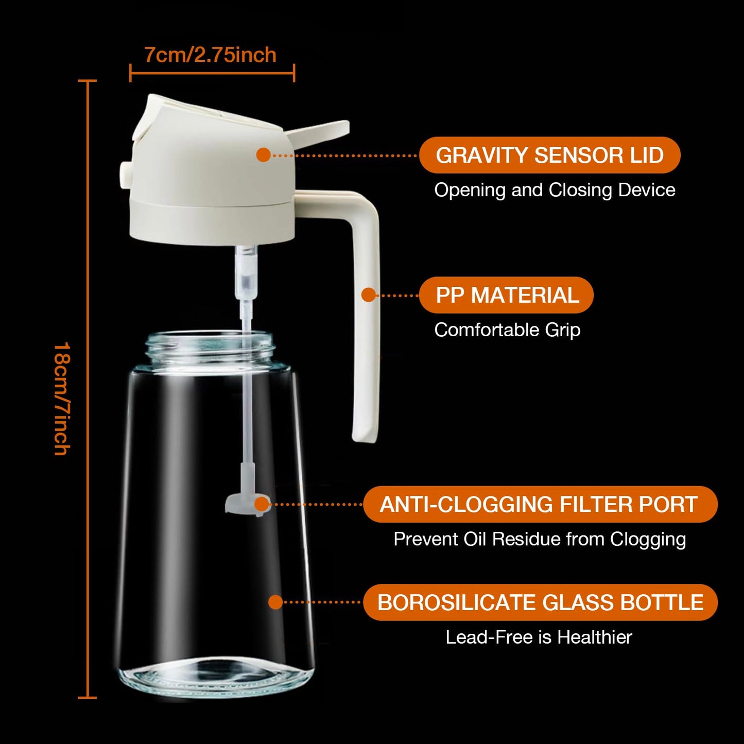 YARRAMATE Olive Oil Dispenser, 2 in 1 Oil Sprayer for Cooking, 17oz/500ml Glass Oil Spray Bottle with Pourer, Food-grade Oil Dispenser and Oil Sprayer for Kitchen, Salad, Frying, BBQ (Black)