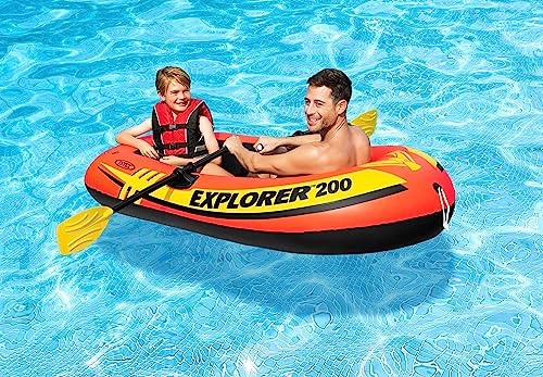 INTEX 58330EP Explorer 200 Inflatable Boat: 2-Person – Dual Air Chambers – Welded Oar Locks – Grab Rope – 210lb Weight Capacity