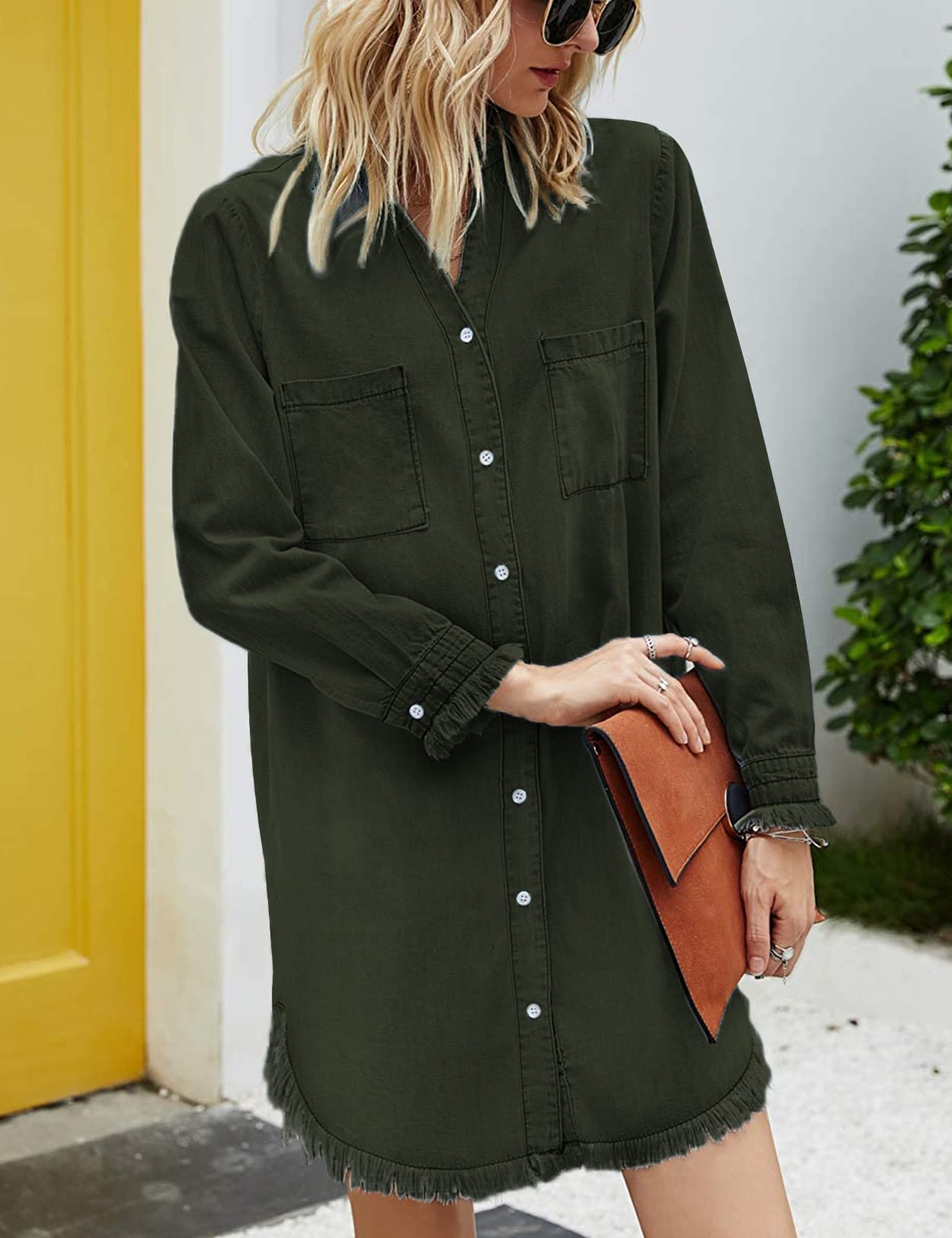 Zilcremo Women Denim Shirt Dresses Long Sleeve Shirt Dresses