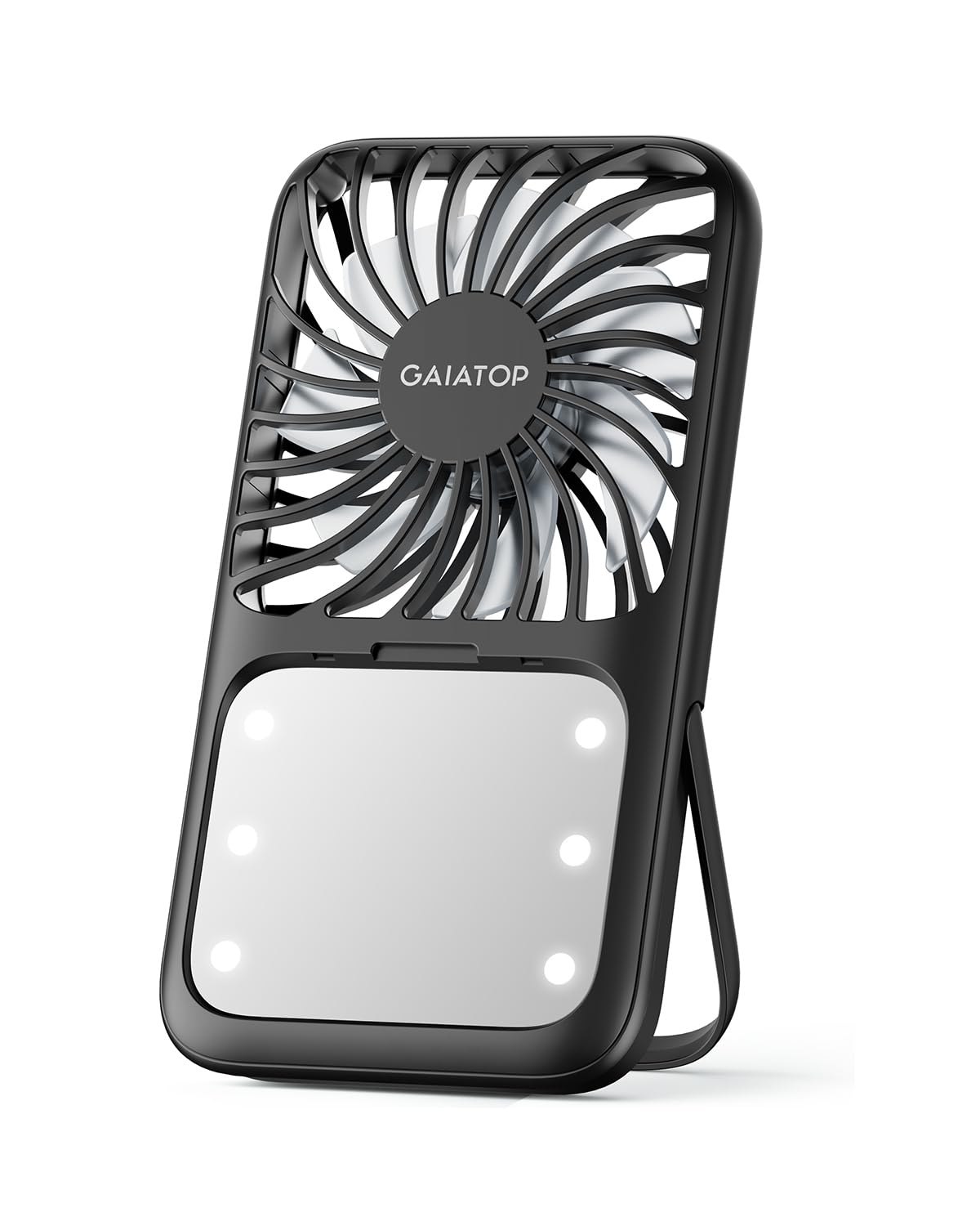 Gaiatop Handheld Mini Fan, 3 Speed Portable Lash Fan Makeup Mirror with LED Light, 2000mAh USB Rechargeable Personal Desk Fan with Stand, Small Hand Fan for Outdoor Travel Gifts for Women Girls Black