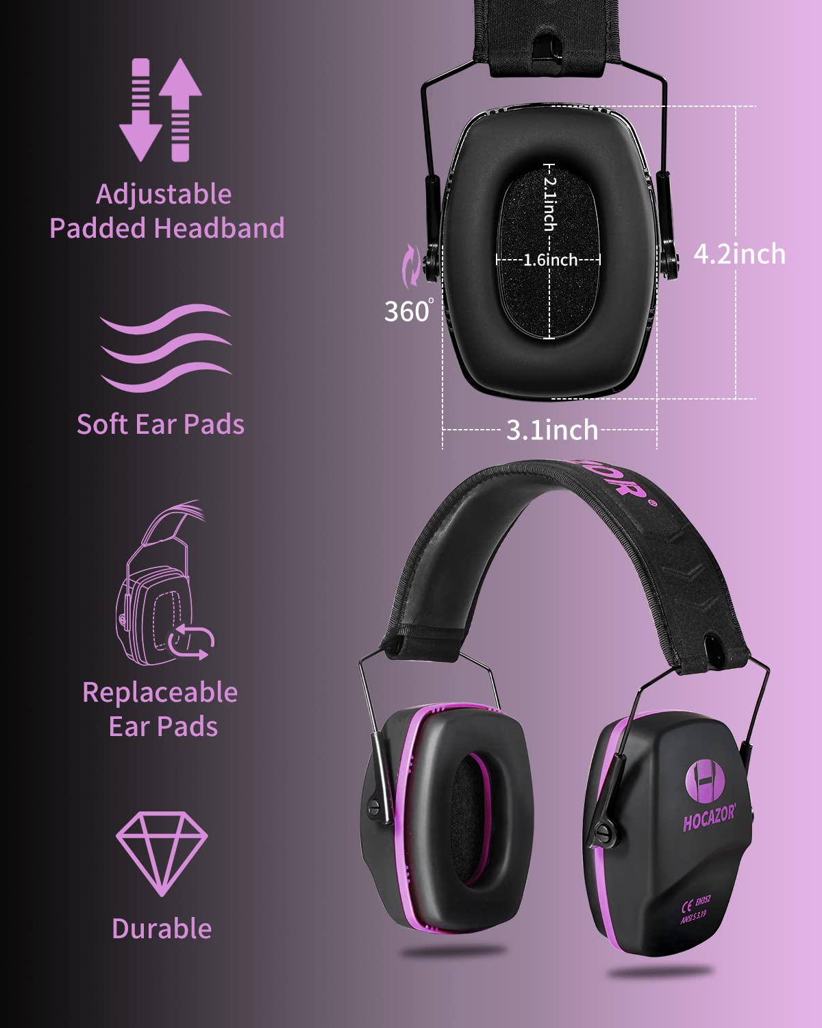 Hocazor Shooting Ear Protection NRR 26dB Suit for Shooters Hunting Range Racing Concert Sports Events Airports - Black&Purple HO1006