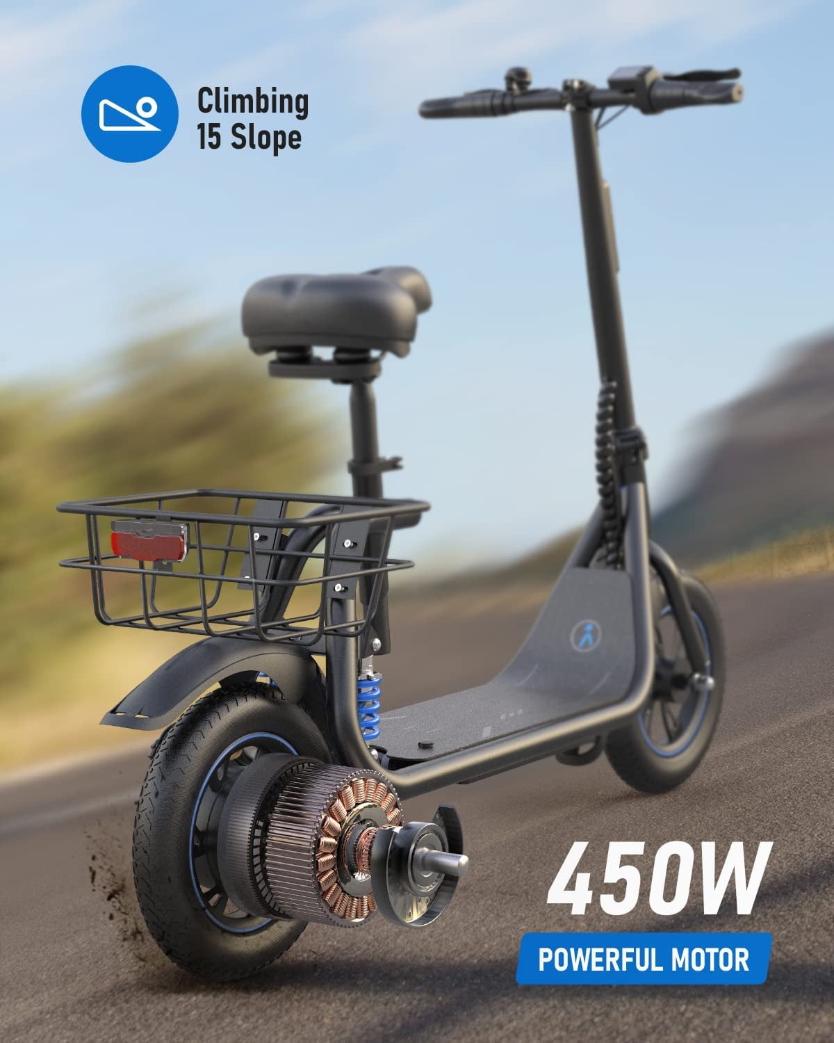 Kistp 450W Electric Scooter with Seat for Adult, 12 inch Commuter Electric Scooter with Basket - up to 21 Miles 15.5MPH