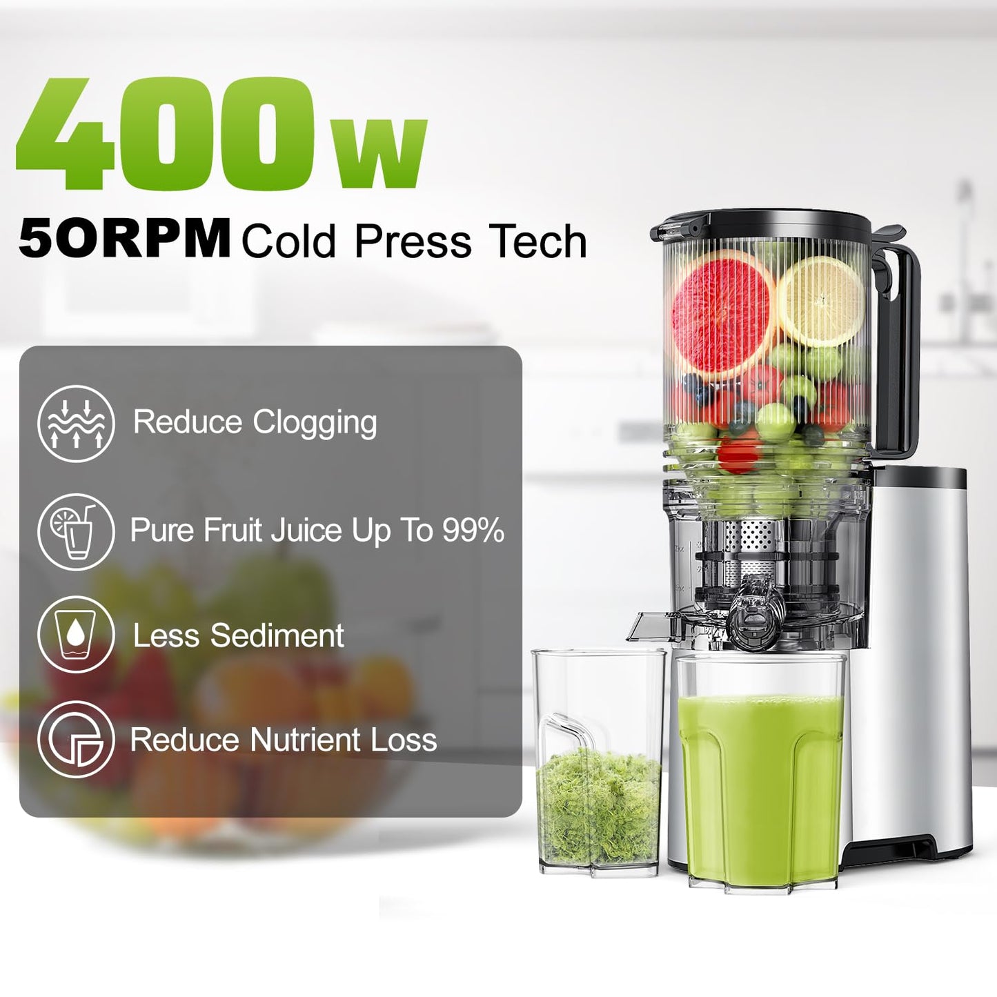Cold Press Juicer, 5.8" Wide Feed Chute Juice Extractor Machine with 400W, High Juice Yield, Slow Masticating Juicer for Whole Vegetables & Fruits, Premium Silver
