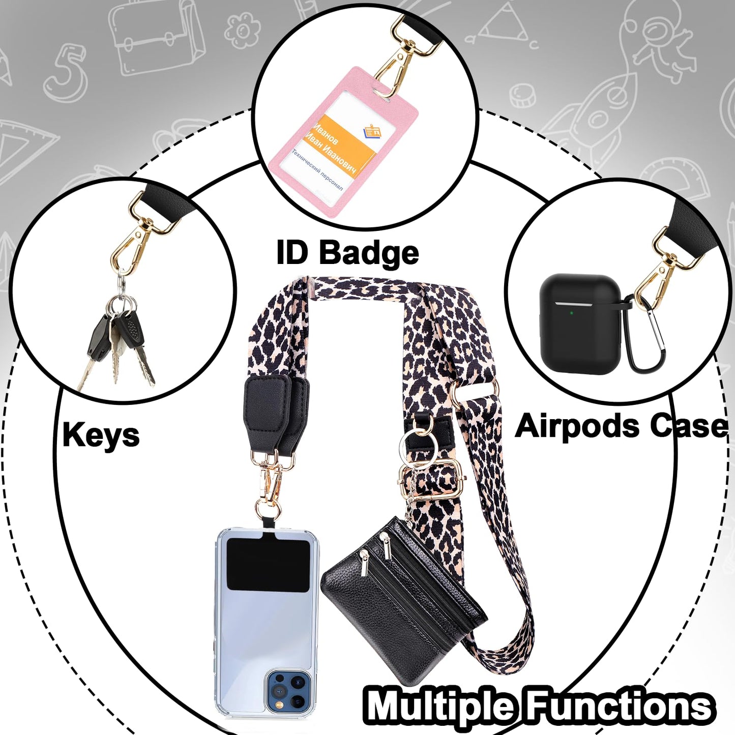 XANGNIER Clip and Go Strap for Phone with Wallet Crossbody,Phone Strap with Zippered Wallet, Adjustable Anti Theft Cellphone Lanyard for Women, Cellphone Chain Accessories,Leopard