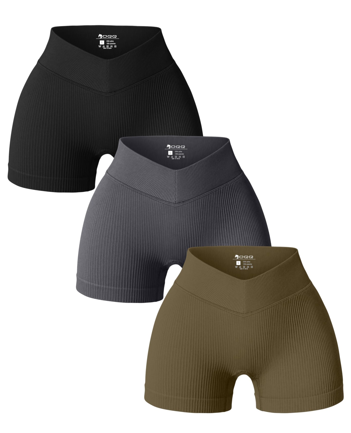 OQQ WOMENS YOGA V SHAPED RIBBED SHORTS 3 PACK