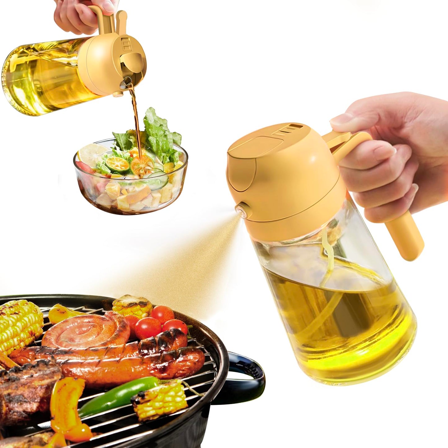 YARRAMATE Olive Oil Dispenser, 2 in 1 Oil Sprayer for Cooking, 17oz/500ml Glass Oil Spray Bottle with Pourer, Food-grade Oil Dispenser and Oil Sprayer for Kitchen, Salad, Frying, BBQ (Black)
