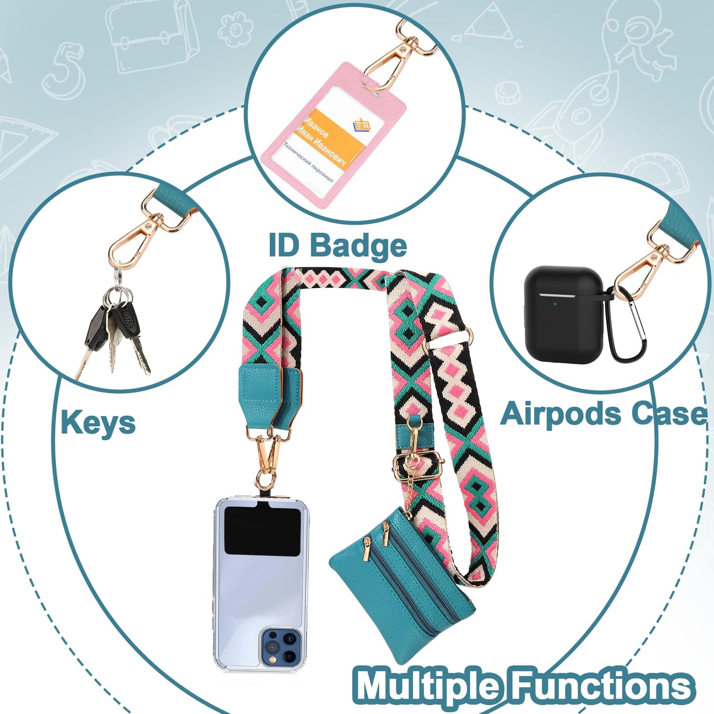 XANGNIER Clip and Go Strap for Phone with Wallet Crossbody,Phone Strap with Zippered Wallet, Adjustable Anti Theft Cellphone Lanyard for Women, Cellphone Chain Accessories,Leopard