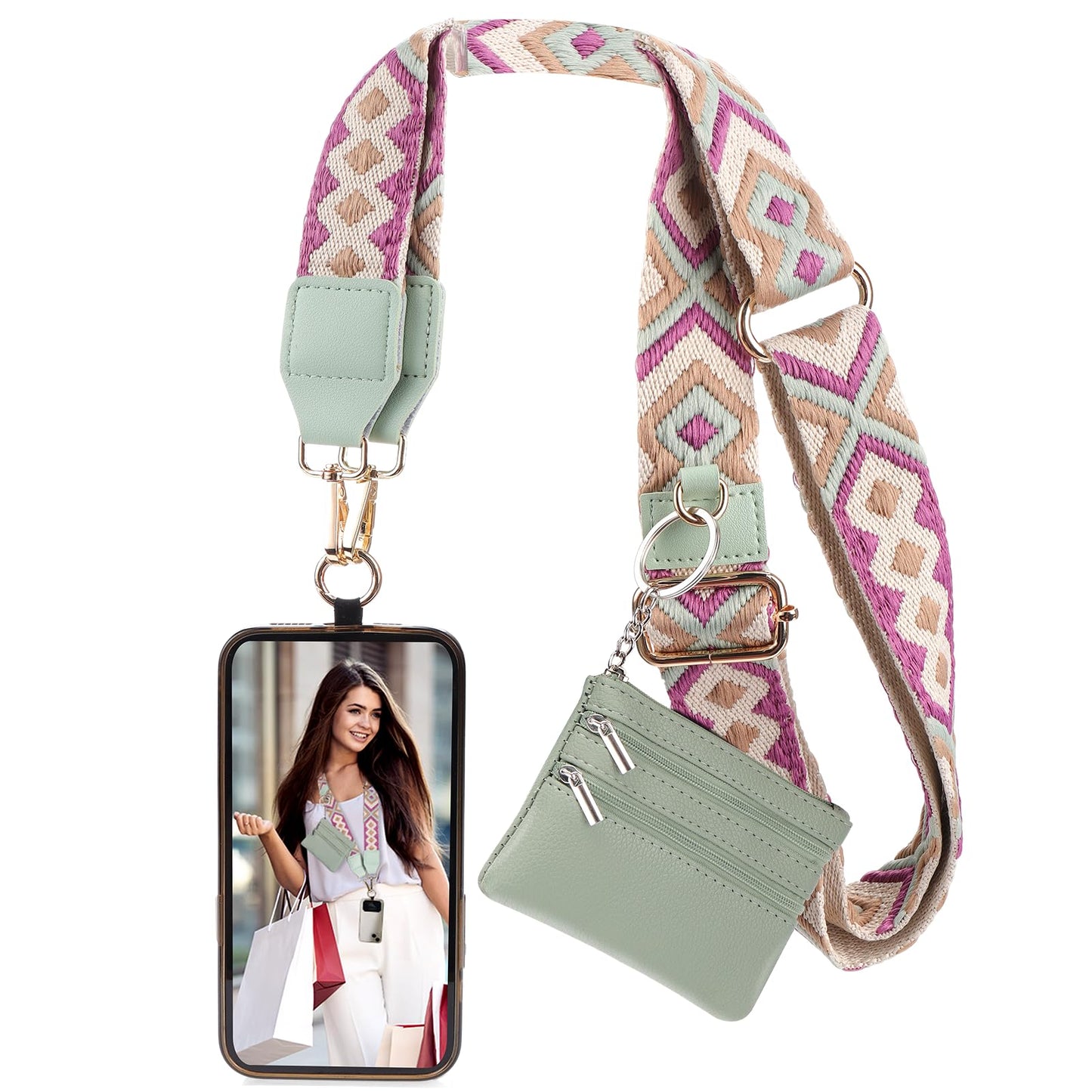 XANGNIER Clip and Go Strap for Phone with Wallet Crossbody,Phone Strap with Zippered Wallet, Adjustable Anti Theft Cellphone Lanyard for Women, Cellphone Chain Accessories,Leopard