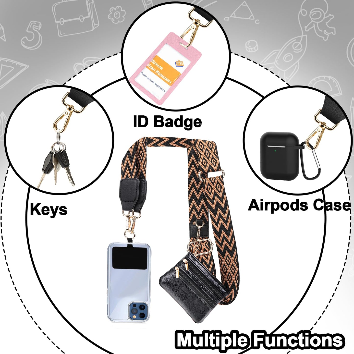 XANGNIER Clip and Go Strap for Phone with Wallet Crossbody,Phone Strap with Zippered Wallet, Adjustable Anti Theft Cellphone Lanyard for Women, Cellphone Chain Accessories,Leopard