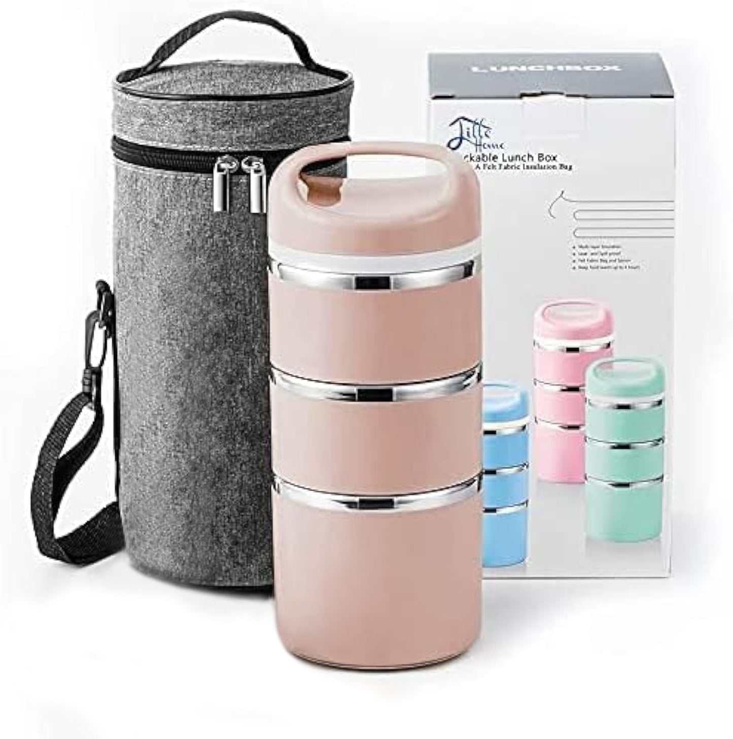 Lille Home Stackable Stainless Steel Thermal Lunch/Snack Box, 3-Tier Insulated Bento Box with Portable Cutlery Set, 43OZ, Pink