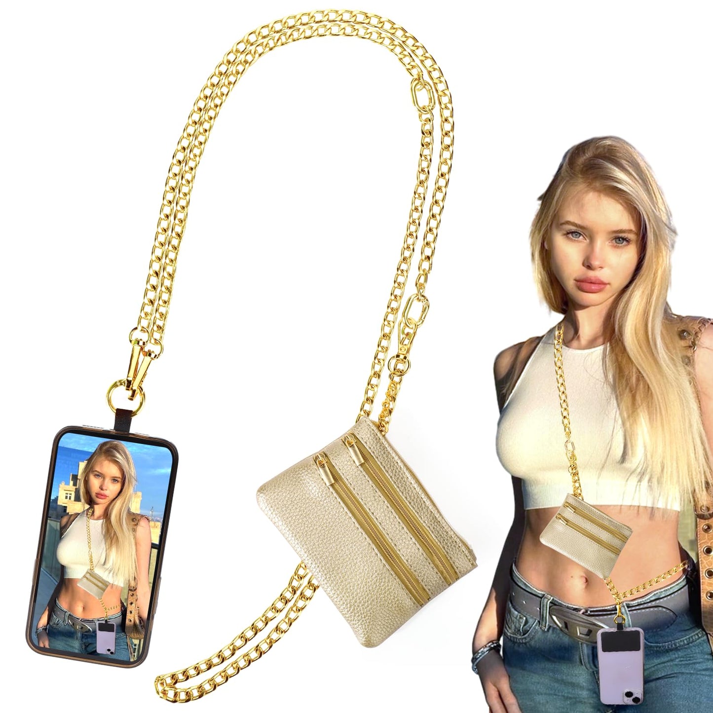 XANGNIER Clip and Go Strap for Phone with Wallet Crossbody,Phone Strap with Zippered Wallet, Adjustable Anti Theft Cellphone Lanyard for Women, Cellphone Chain Accessories,Leopard
