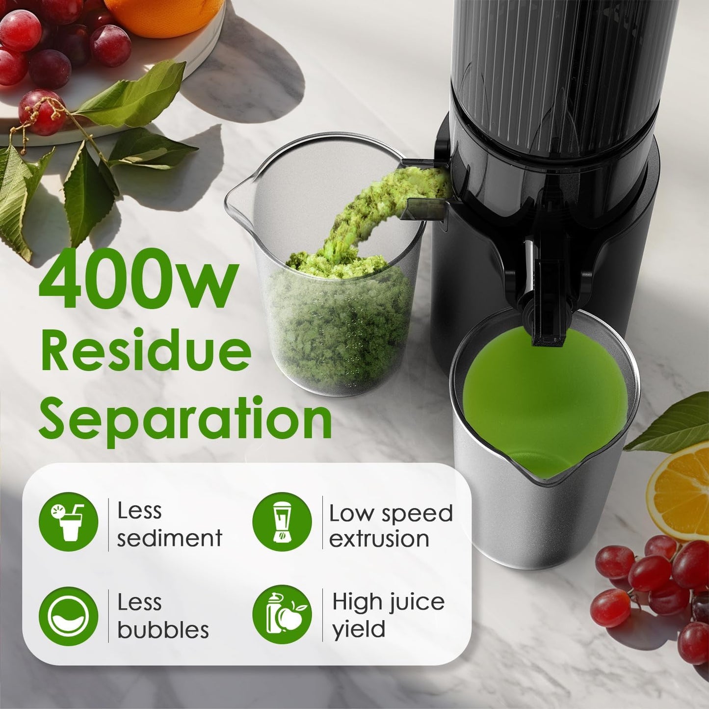 Cold Press Juicer, 5.8" Wide Feed Chute Juice Extractor Machine with 400W, High Juice Yield, Slow Masticating Juicer for Whole Vegetables & Fruits, Premium Silver