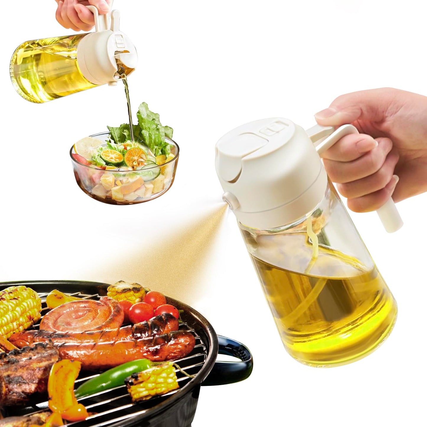 YARRAMATE Olive Oil Dispenser, 2 in 1 Oil Sprayer for Cooking, 17oz/500ml Glass Oil Spray Bottle with Pourer, Food-grade Oil Dispenser and Oil Sprayer for Kitchen, Salad, Frying, BBQ (Black)