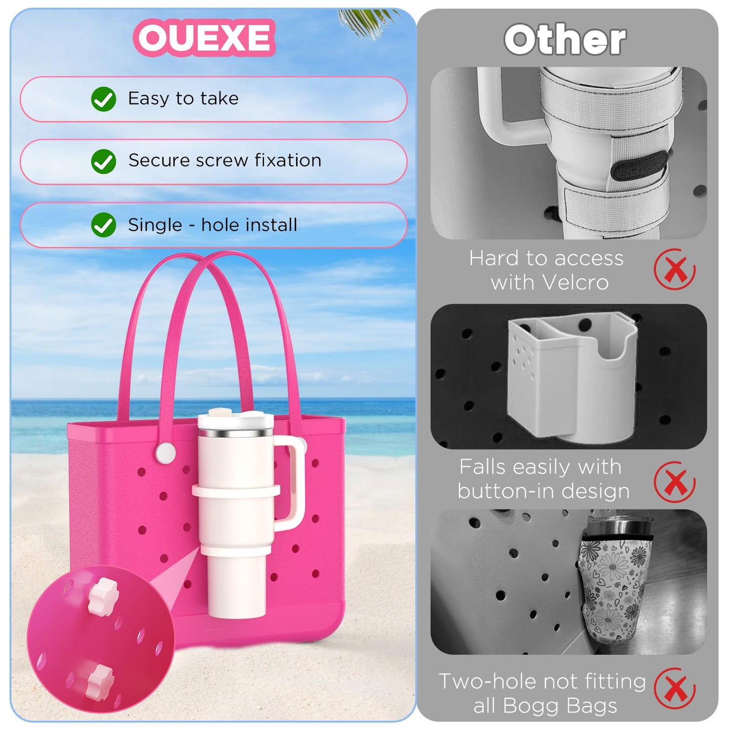 OUTXE 2 Pack Cup Holder for Bogg Bag, Fits 16-40oz Stanley, Insert Drink Holder Attachment Compatible with All Bogg Bags & Simply Southern Beach Tote Bag (40oz-Cream)