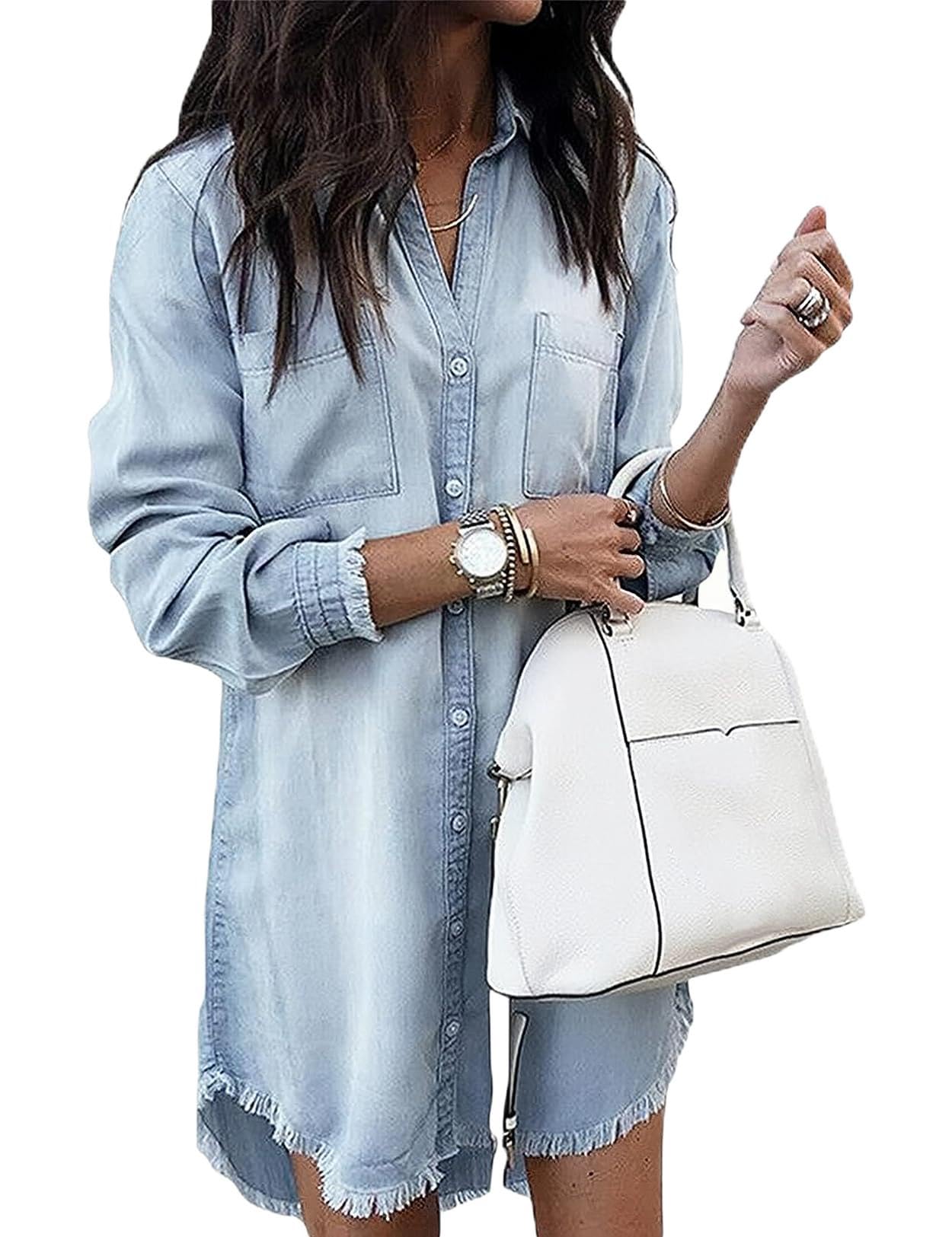 Zilcremo Women Denim Shirt Dresses Long Sleeve Shirt Dresses