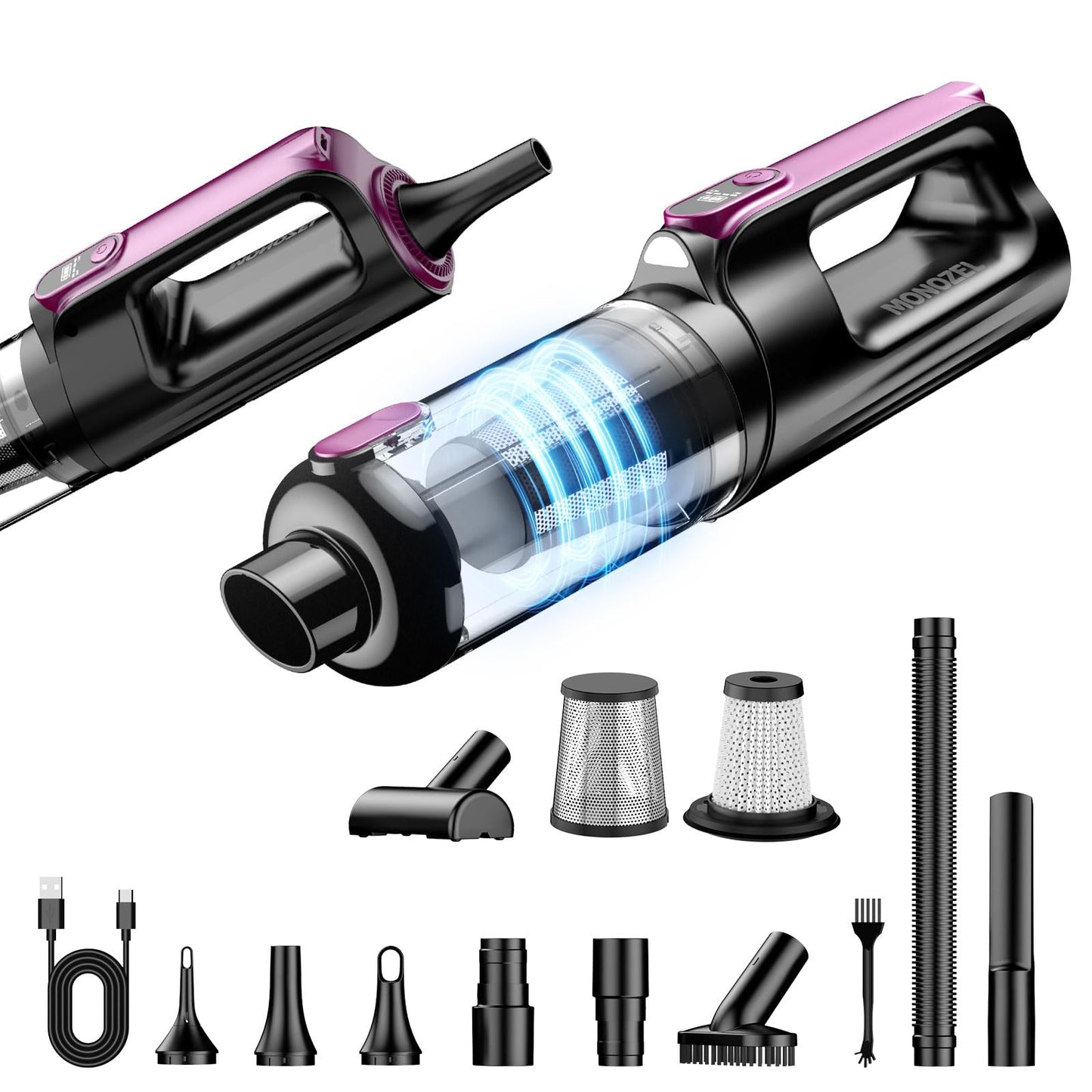 MONOZEL Car Vacuum Portable Cordless, 18000Pa 2 in 1 Vacuum Cleaner&Air Duster, 130W Brushless Motor Handheld Vacuum Cordless with 7800mAh Battery, LED Light, Multi-Nozzles for Car, Home, Office, Pet