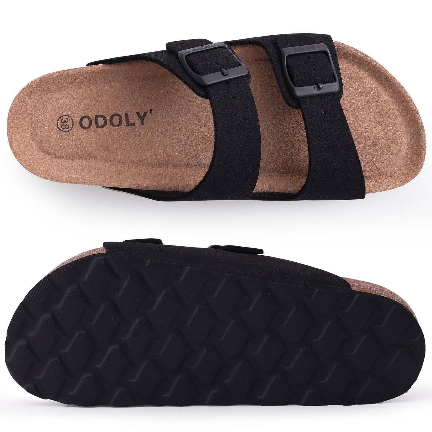 ODOLY Women's Cork Footbed Slide Sandal, Arch Support Summer Outdoor Sandals with Adjustable Buckle, Black US Women Size 10, EU Women Size 41