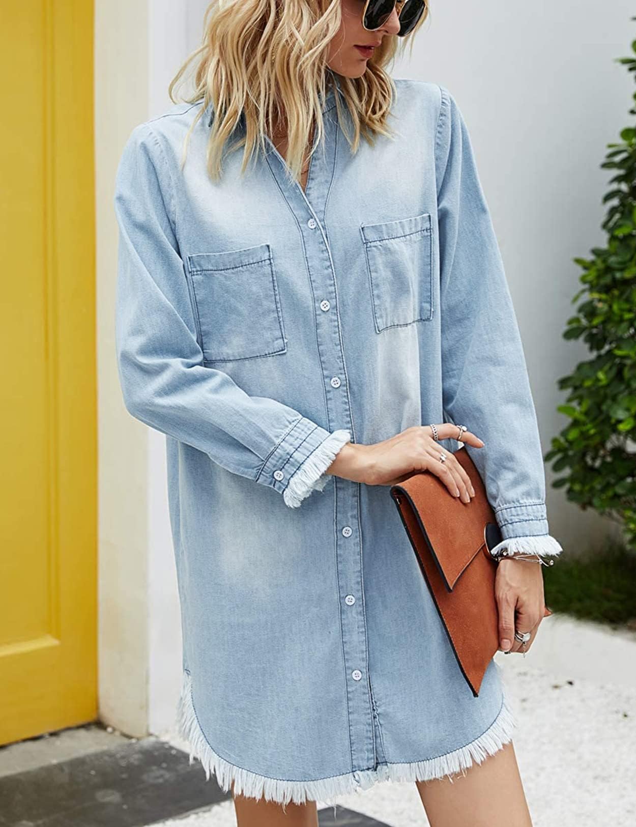 Zilcremo Women Denim Shirt Dresses Long Sleeve Shirt Dresses