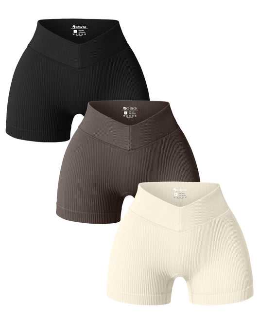 OQQ WOMENS YOGA V SHAPED RIBBED SHORTS 3 PACK